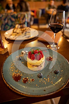 Delicious raspberry cake served in the restaurant