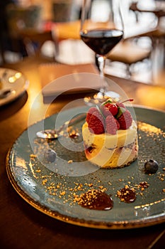 Delicious raspberry cake served in the restaurant