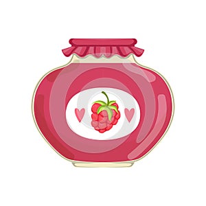 Delicious raspberry jam in glass jar with brand label. Concept of organic product. Bank with canned fruit. Flat vector