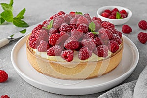 Delicious raspberry tart with vanilla custard cream sprinkled with powdered sugar on a white plate on a gray concrete background.