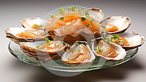 Delicious raw abalone in a plate on white background