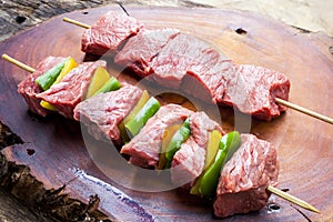 Delicious raw meat skewer, beef