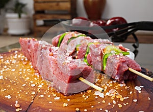 Delicious raw meat skewer, beef