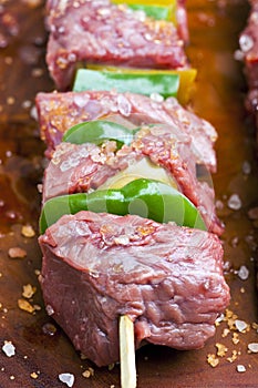 Delicious raw meat skewer, beef