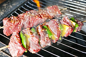 Delicious raw meat skewer, beef