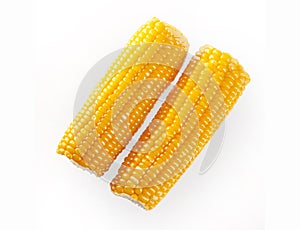 Delicious ready to eat boiled corn on th cob on white background isolated