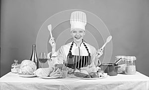 Delicious recipe concept. Gourmet main dish recipes. Cooking is her hobby. Cooking healthy food. Girl in hat and apron