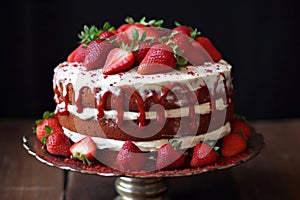 Delicious Red Velvet Cake with Fresh Strawberries. AI
