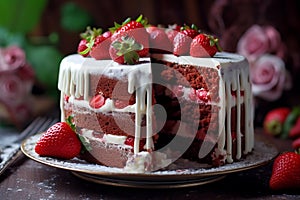 Delicious Red Velvet Cake with Fresh Strawberries. AI