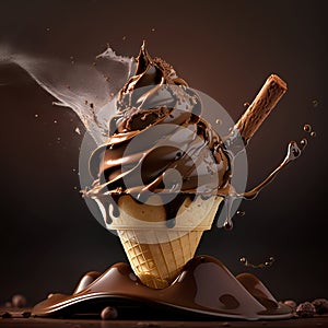 Delicious and refreshing cold chocolate milkshake with splashes on dark background. Art generated Ai