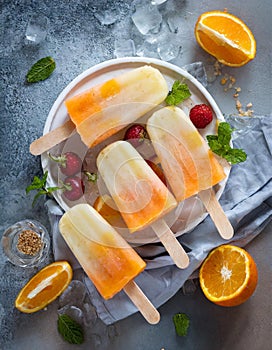 Delicious refreshing homemade popsicles made with fresh fruit juice viewed from above