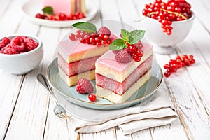 Delicious and refreshing juicy dessert, punch cake topped with sugar icing and fresh raspberries and red currants