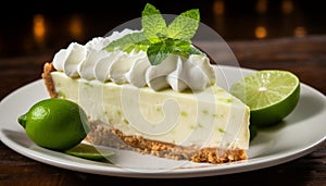 Delicious and refreshing key lime pie with freshly sliced limes on a rustic wooden background