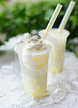 Delicious and refreshing milk based beverage, ice milkshake, cold drink, with different topping and mix