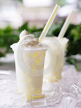 Delicious and refreshing milk based beverage, ice milkshake, cold drink, with different topping and mix