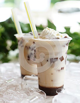 Delicious and refreshing milk based beverage, ice milkshake, cold drink, with different topping and mix