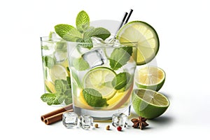 Delicious refreshing summer cocktail mojito with ice isolated on solid white background. ai generative