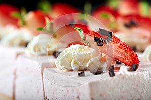 Tasty souffle decorated with chocolate and strawberry