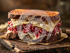 Delicious Reuben sandwich photography, explosion flavors, studio lighting, studio background, well-lit, vibrant colors