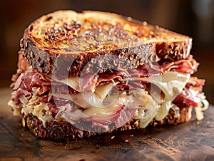 Delicious Reuben sandwich photography, explosion flavors, studio lighting, studio background, well-lit, vibrant colors