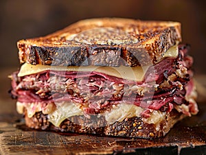 Delicious Reuben sandwich photography, explosion flavors, studio lighting, studio background, well-lit, vibrant colors