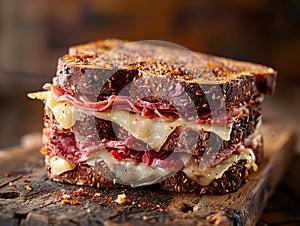 Delicious Reuben sandwich photography, explosion flavors, studio lighting, studio background, well-lit, vibrant colors