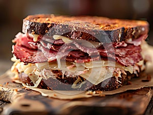 Delicious Reuben sandwich photography, explosion flavors, studio lighting, studio background, well-lit, vibrant colors