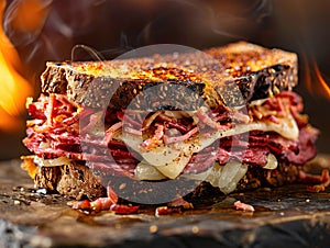 Delicious Reuben sandwich photography, explosion flavors, studio lighting, studio background, well-lit, vibrant colors