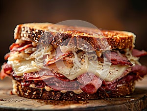 Delicious Reuben sandwich photography, explosion flavors, studio lighting, studio background, well-lit, vibrant colors