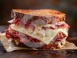 Delicious Reuben sandwich photography, explosion flavors, studio lighting, studio background, well-lit, vibrant colors