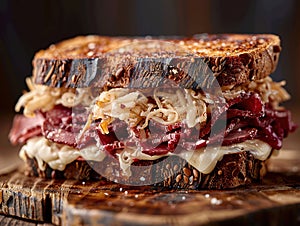 Delicious Reuben sandwich photography, explosion flavors, studio lighting, studio background, well-lit, vibrant colors