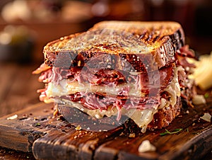 Delicious Reuben sandwich photography, explosion flavors, studio lighting, studio background, well-lit, vibrant colors