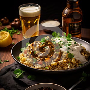 Delicious Rice Bowl And Beer A Captivating Visual Feast