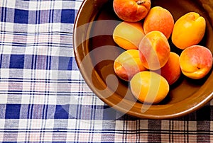 Delicious ripe fresh summer apricots in ceramic bowl on table cloth tissu white and blue background