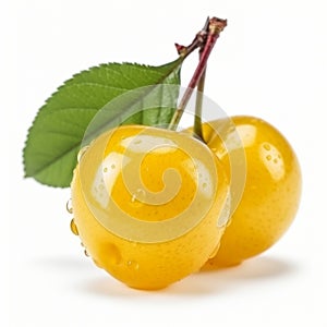 Delicious ripe fresh yellow cherries with water drops on berries, close-up on white,