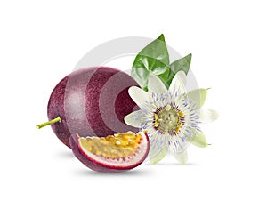 Delicious ripe passion fruits, flower and green leaves on white background