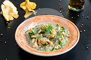 Delicious risotto with chanterelle mushrooms over rustic black background