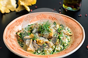 Delicious risotto with chanterelle mushrooms over rustic black background