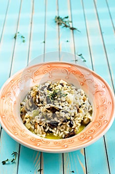 Delicious risotto with porcini mushrooms over wooden turquoise background