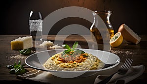 delicious risotto, restaurant food, gormet food, seafood risotto, shrimp risotto, vegetable risotto, generative ai