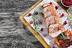 Delicious roast in oven turkey roulade cut in slices