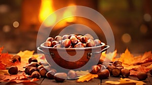 Delicious roasted chestnuts in a rustic bowl with a cozy fire, perfect for autumn and holiday season concepts