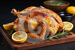 Delicious roasted chicken with crispy golden crust beautifully served on a table