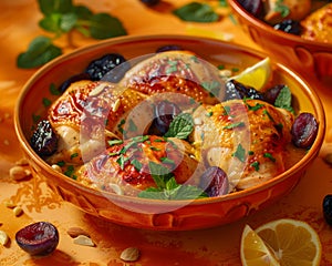 Delicious Roasted Chicken Thighs with Lemon, Olives, and Mint Garnish in Rustic Terracotta Dish on Vibrant Orange Background