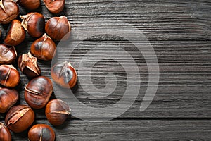 Delicious roasted edible chestnuts on black wooden table, flat lay. Space for text