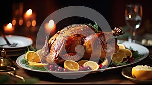 Delicious roasted turkey served, Holiday Turkey Dinner