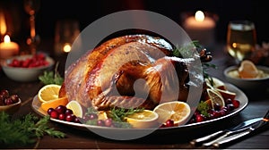 Delicious roasted turkey served, Holiday Turkey Dinner