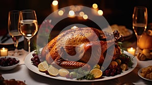 Delicious roasted turkey served, Holiday Turkey Dinner
