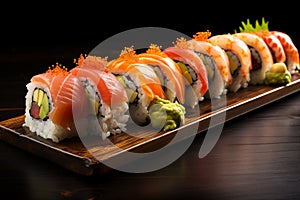 A delicious roll featuring salmon, tuna, and avocado.