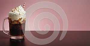 Delicious Root Beer Float with Whipped Cream on Table, Copy Space